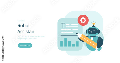 Copywriting concept. Chat bot robot made with neural network technology writing text and copywriting. Vector illustration.
