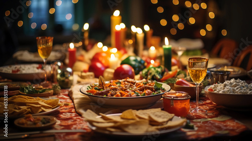 cena de navidad mexicana en casa tradicional con platillos tipicos de mexico mesa con vleas y adornada para la cena de Navidad photo
