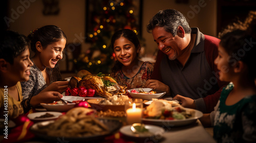 Foto familia mexicana latina en la cena de navidad entre comida mexicana en una mesa