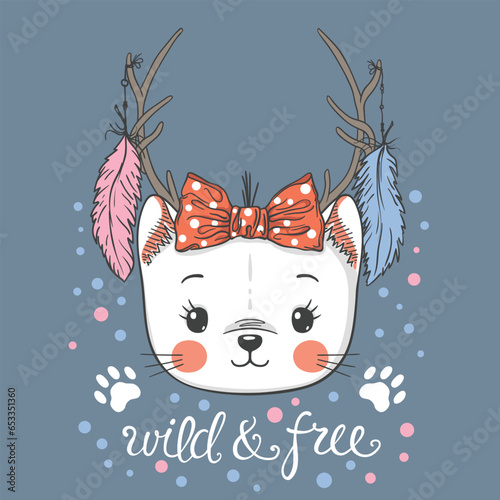 Cute little cat girl with deer horns. Wild and Free slogan text for t-shirt graphics, fashion prints, posters and other uses