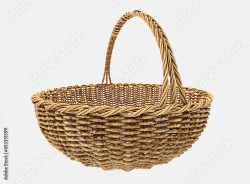 Empty wicker picnic basket on white background.