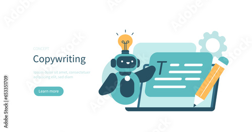 Copywriting concept. Chat bot copywriting assistant made with neural network technology writing text. Vector illustration.
