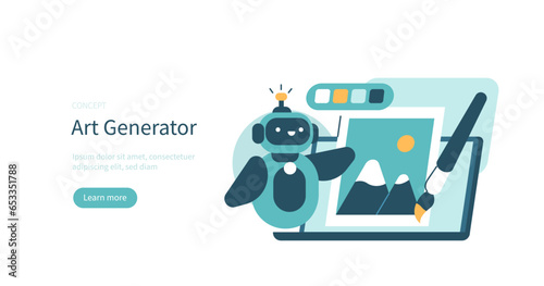 
Art generator concept. Robot bot made with neural network technology generating art. Vector illustration.