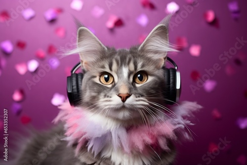 manx cat wearing a fluffy bunny ears headband against a metallic silver background photo