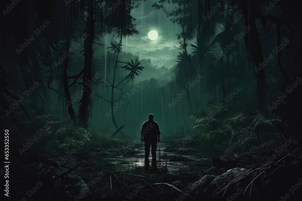Mysterious Figure in Enchanted Midnight Forest - obrazy, fototapety, plakaty 