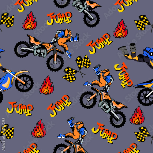 Motorbike and fire jump cartoon pattern design .motorcycle extreme pattern for kids clothing, printing, fabric ,cover.motorcycle extreme dirty seamless pattern.
