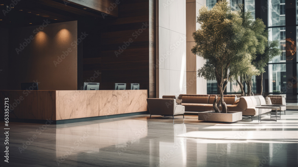 Obraz premium Contemporary Hospitality: Empty Hotel Lobby with Minimalist Interiors and Blurred Effect Background