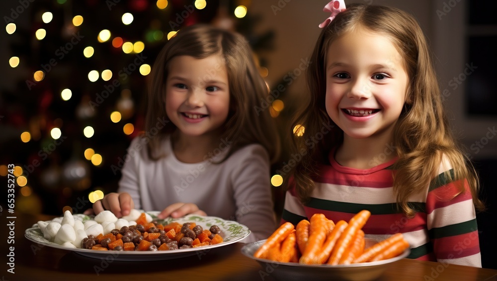 Happy little sisters having fun and eating carrot at christmas time. Happy little sisters having fun and eating carrot at christmas time.