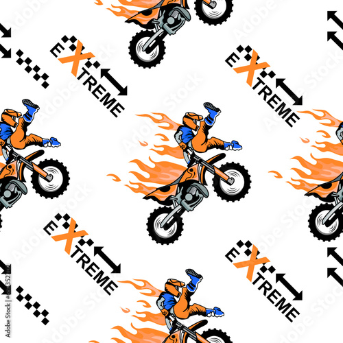 Motorbike and fire jump cartoon pattern design .motorcycle extreme pattern for kids clothing, printing, fabric ,cover.motorcycle extreme dirty seamless pattern.