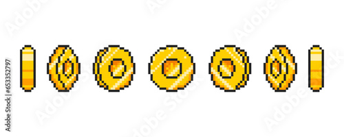 Game ui golden coin rotation stages 16-bit. Pixel art animation gold coin for a 8-bit retro video game. Game art vector illustration gold pixel coins.