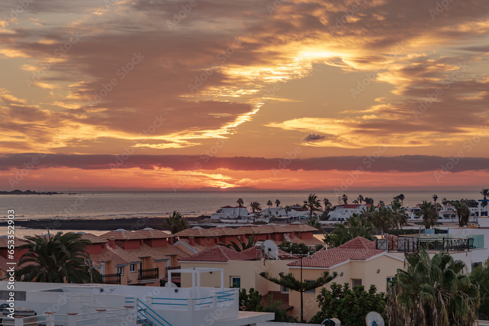 Corralejo, Spain. 26 September, 2023:Spectacular Sunrise over Corralejo, Fuerteventura in the Canary Islands.
