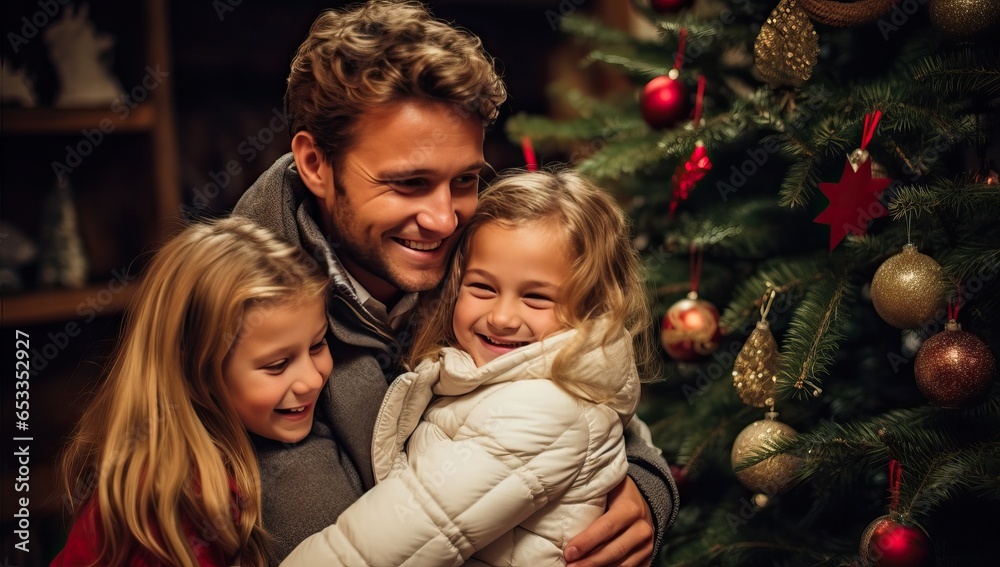 happy family looking at christmas tree in decorated living room at home happy family looking at christmas tree in decorated living room at home