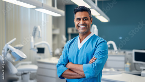 Portrait of happy Indian male nurse working inside office clinic looking at camera and smiling