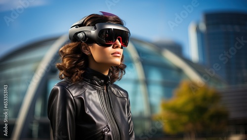 Young woman in black leather jacket with virtual reality goggles