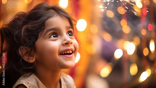 Cute little girl with sparklers on bokeh lights background