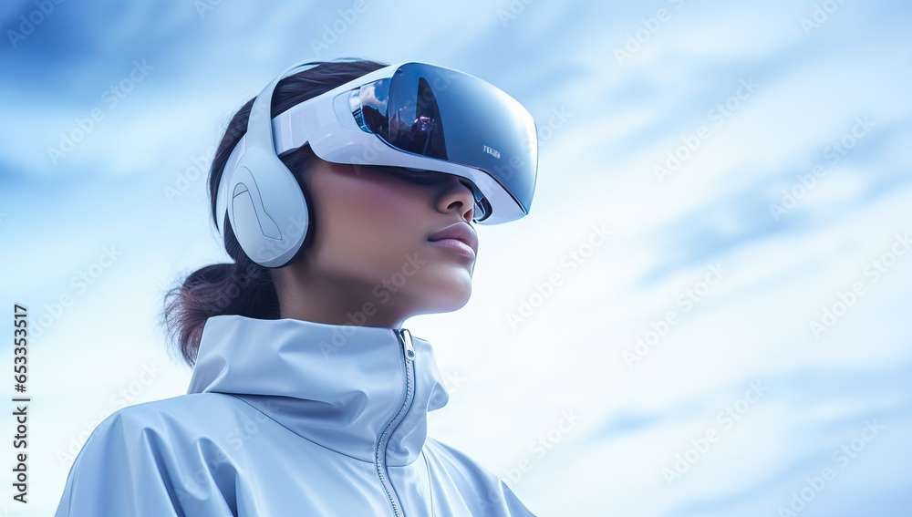 Woman wearing virtual reality goggles against blue sky with white clouds Woman wearing virtual reality goggles against blue sky with white clouds