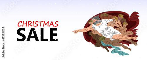 Christmas discount banner. Creative marketing. Divine sale. Reproduction of the painting in vector. God sells. To point with a finger