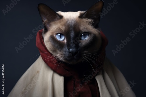 siamese cat wearing a vampire cloak against a cool gray background photo