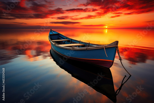 Sunset Magic: Boat Gliding on Pristine Lake