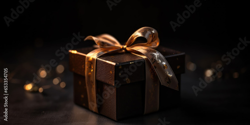 Brown gift box with gold ribbon bow. Elegant brown present box with golden bow on a dark background, copy space. Background for greeting card for Birthday, Christmas, New Year, XMas, Anniversary