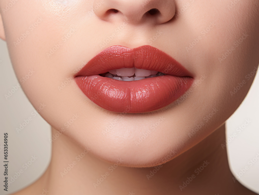 Fototapeta premium Perfect young female lips with makeup. Macro photo with beautiful female mouth on a light background. Plump full lips. Close-up face detail. Perfect clean skin. Spa banner.