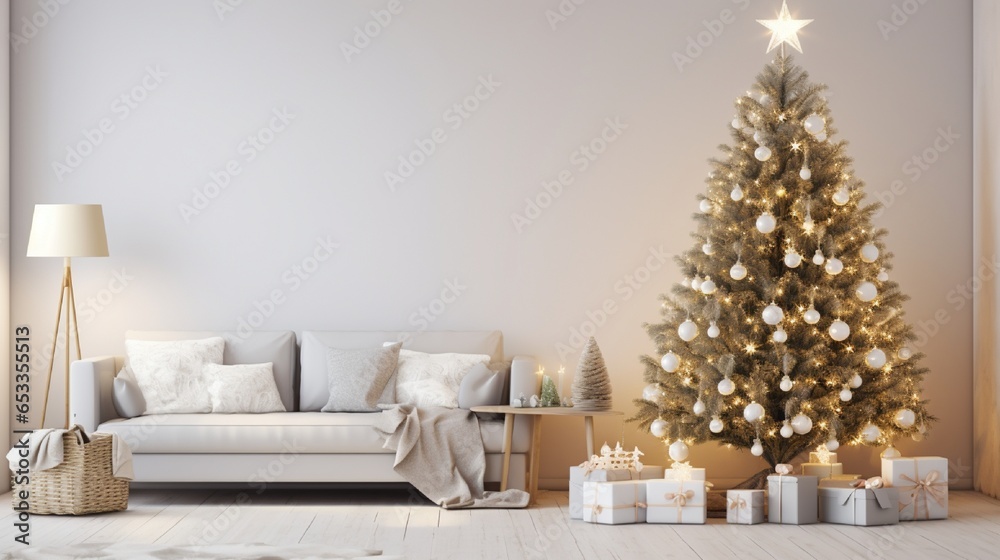 A modern Scandinavian living room with a minimalist Christmas tree adorned with simple white lights and ornaments. - obrazy, fototapety, plakaty 