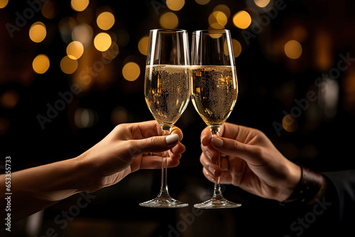 Christmas or New Year's toast. A couple with champagne glasses toasting on a background with lights and bokeh effect with copy space.