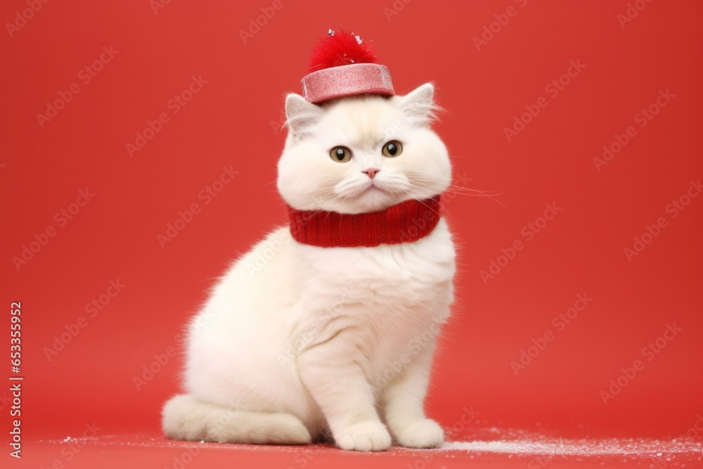 munchkin cat wearing a snowman outfit against a ruby red background munchkin cat wearing a snowman outfit against a ruby red background