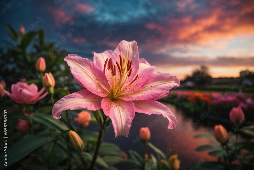 Fototapeta premium A Beautiful Lily Flower In A Garden, A Small River In The Background, Few Birds, And The Sky Looks Stunning With Colorful Clouds. 