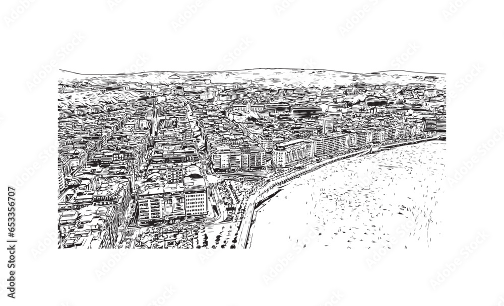 Obraz premium Building view with landmark of San Sebastian is the city in Spain. Hand drawn sketch illustration in vector.