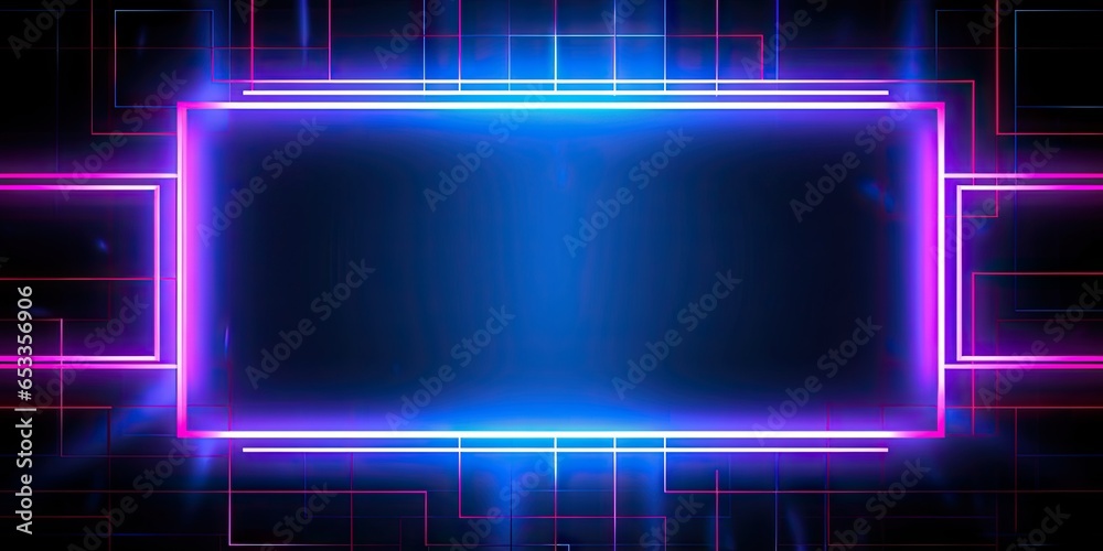 Electric dreams. Futuristic neon portal in blue and pink. Cyber club. Glowing abstract design for high tech parties. Retro futurism. Vibrant shapes in darkened space