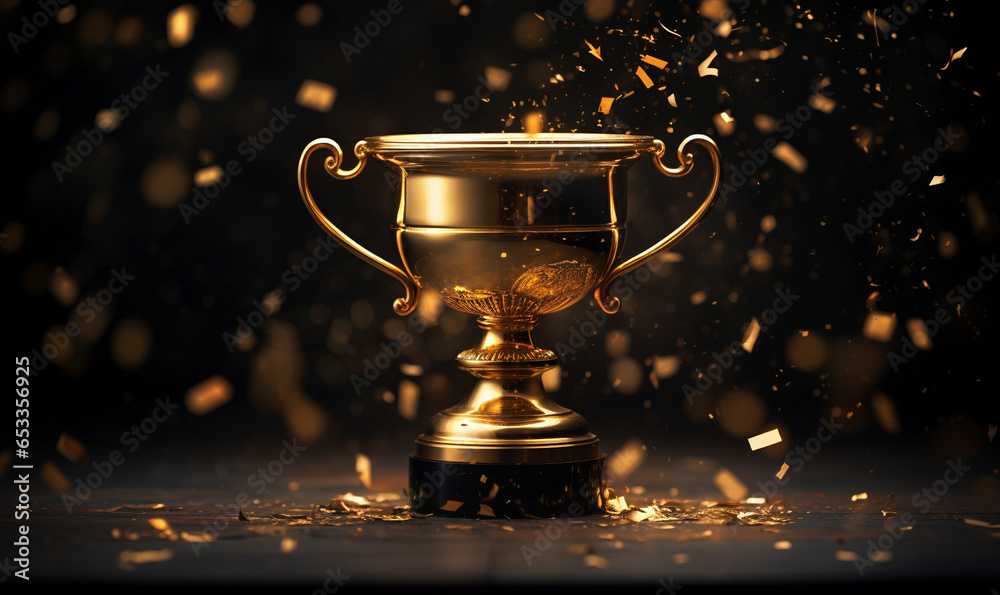 Golden trophy with stars, photorealistic still life, symbolizing achievement and victory celebration. Golden trophy with stars, photorealistic still life, symbolizing achievement and victory celebration.