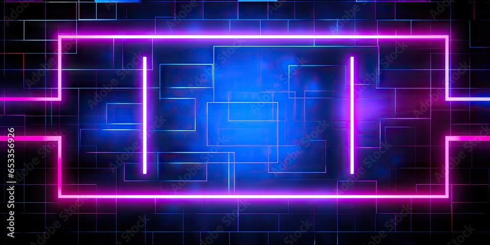 Electric dreams. Futuristic neon portal in blue and pink. Cyber club. Glowing abstract design for high tech parties. Retro futurism. Vibrant shapes in darkened space