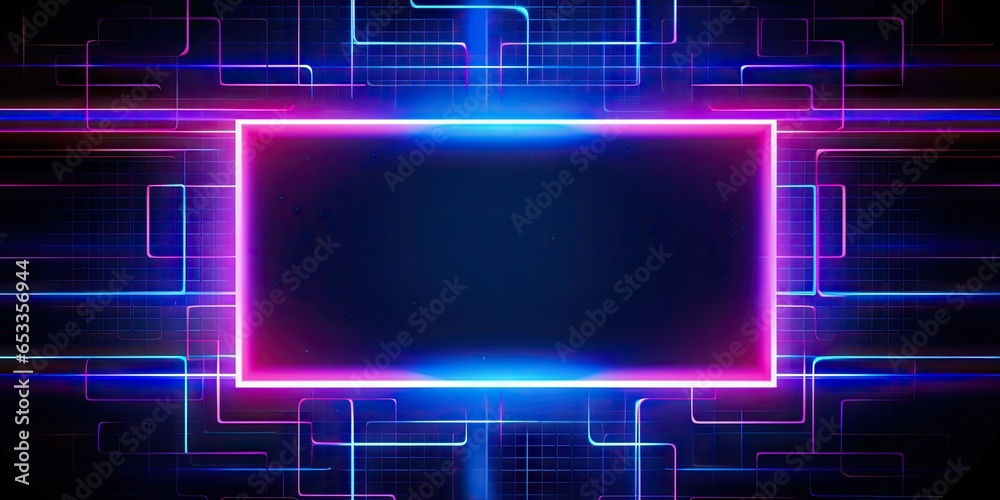 Electric dreams. Futuristic neon portal in blue and pink. Cyber club. Glowing abstract design for high tech parties. Retro futurism. Vibrant shapes in darkened space