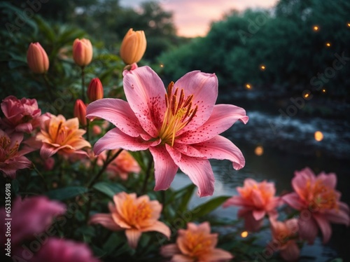 A Beautiful Lily Flower In A Garden, A Small River In The Background, Few Birds, And The Sky Looks Stunning With Colorful Clouds. 