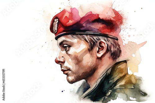 Watercolor art sketch. Profile portrait of young soldier in red beret. Poster with copy space.