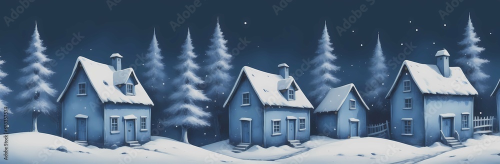 Christmas winter landscape, illustration in blue colors