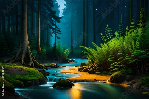 dark forest glowing with moon light dark and deep nature view 