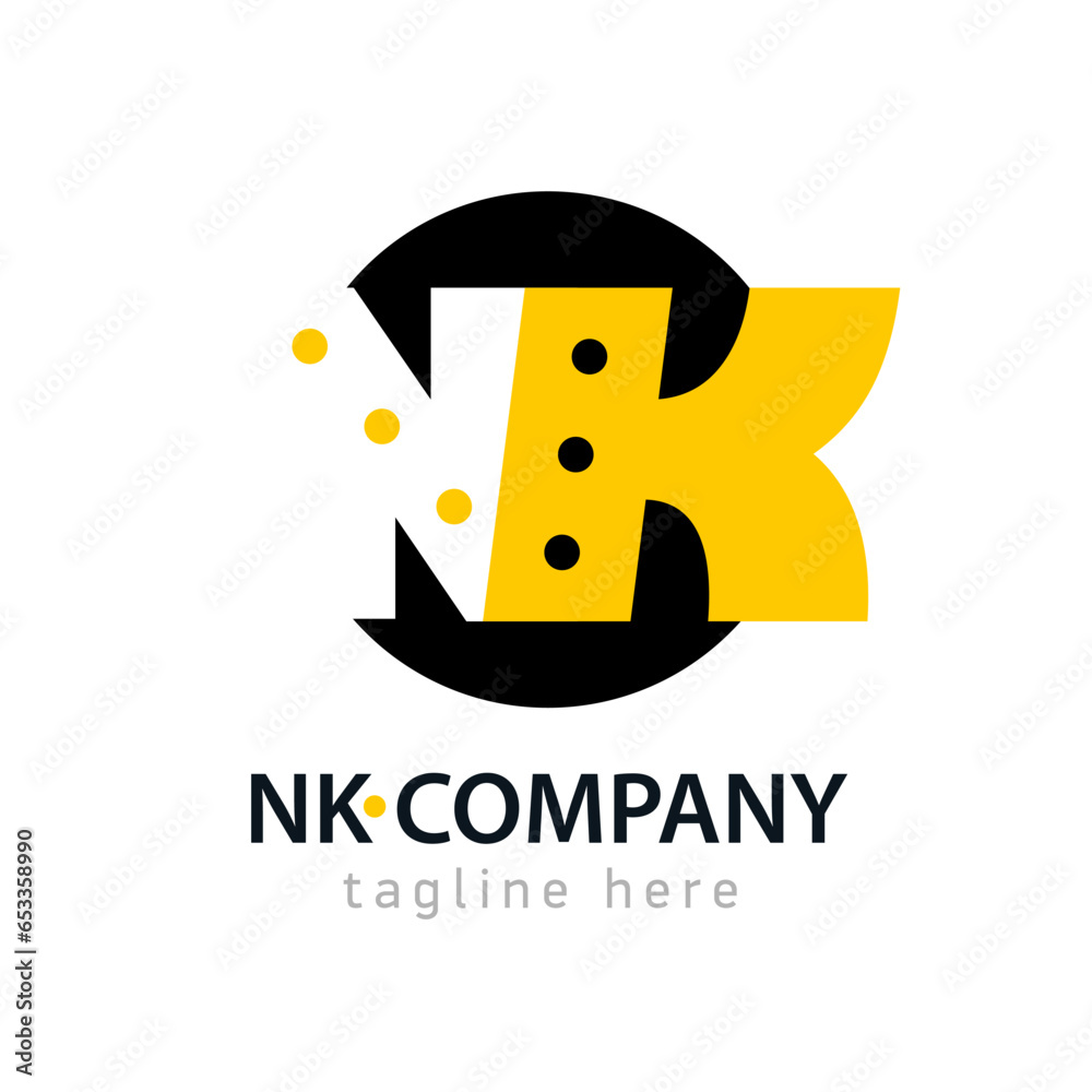 Logo Emblem Monogram NK. letter N K in black circle. White and yellow ...