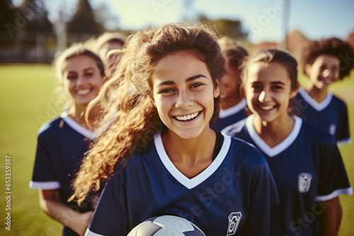 Teenage Girls' Soccer Team Embracing the Game in Blue Kits on the School Soccer Field. created with Generative AI