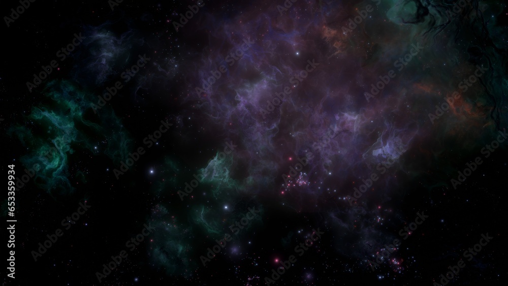 Colorful galaxy nebulae and stars and flight through space. Green and purple shining nebula. artistic concept 3D illustration for space exploration and science fiction.
