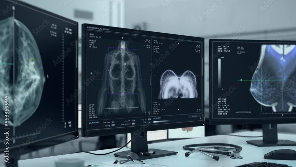 Xray scanner searching for breast cancer traces in the female patient. Scanning the chest to