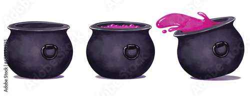 Halloween witch cauldron watercolor vector. witch's brew in a black cauldron illustration. witchcraft preparation