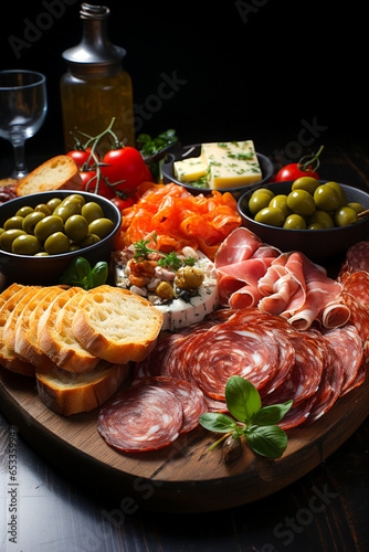 Traditional Spanish tapas wooden board with cured meat, cheese, green olives, herbs and bread pieces on black background.