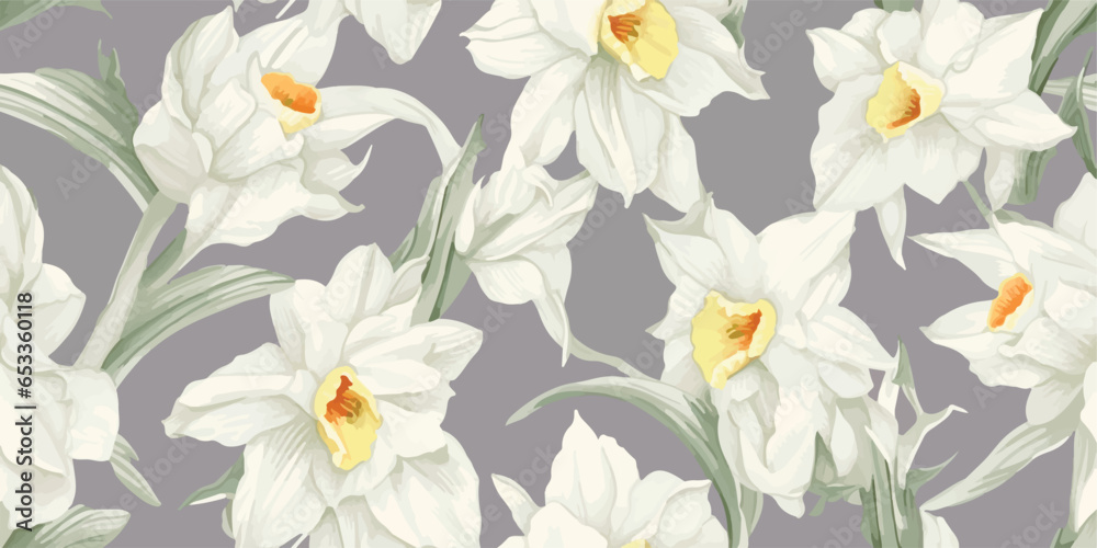 Vintage floral seamless pattern. Vector print illustration of flowers, daffodil, white narcissus, wild flowers, plants and leaves on light gray background.