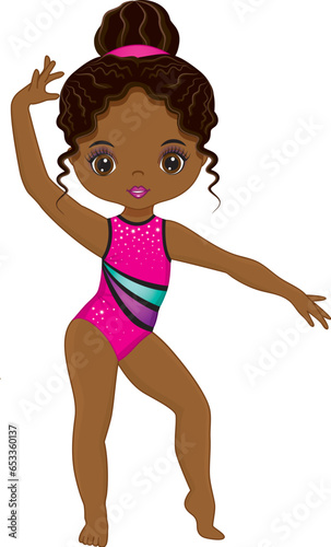 Vector Beautiful African American Girl Performing Rhythmic Gymnastics