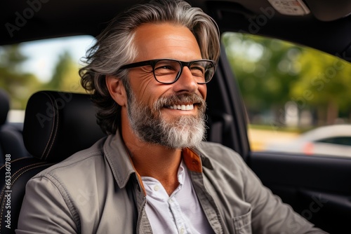 Smiling handsome man driving a car, road trip. Seat belt, safety driving concept