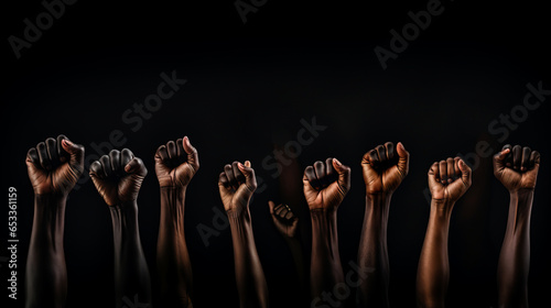 A shortened shot of hands raised with closed fists. Several hands raised up with closed fist symbolize the movement of black matter of lives