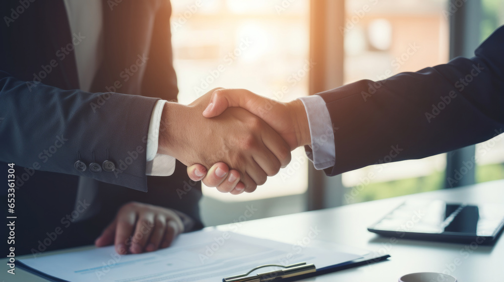 Businessman greeting job applicant businessmen handshaking over signed contract. New employee getting a deal done Businessman greeting job applicant businessmen handshaking over signed contract. New employee getting a deal done
