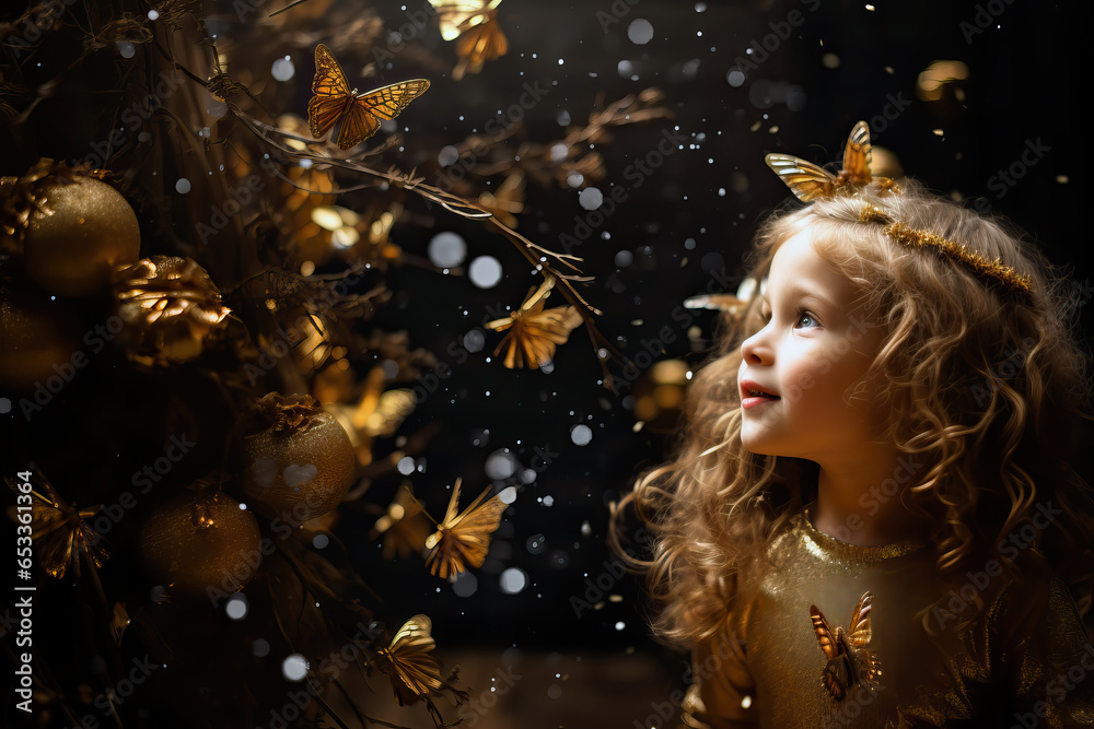 Cute little girl dressed up for Christmas in the holidays. Golden Christmas and Happy New Year concept. Cute little girl dressed up for Christmas in the holidays. Golden Christmas and Happy New Year concept.